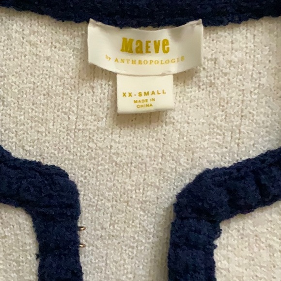Anthropologie Maeve Collarless Tipped Cardigan Jacket Navy/White XXS NWOT - Picture 3 of 8